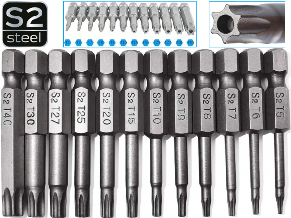 Биты Torx с отверстием 50мм 12шт Т5-Т40 фото 1