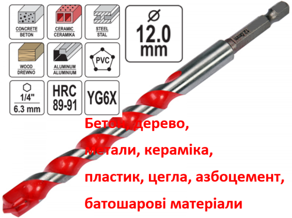 Бита сверло универсальное YG6X 12мм фото 1