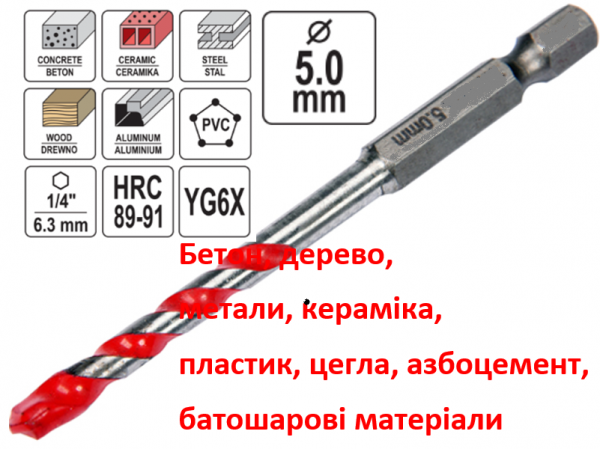Бита сверло универсальное YG6X 5мм фото 1