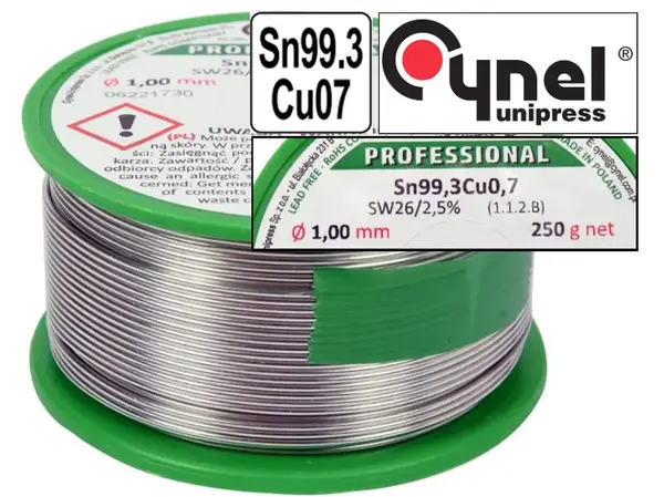 Безсвинцевий припій Cynel Sn99,3Cu0,7 з флюсом 1мм 250гр
