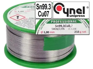 Безсвинцевий припій Cynel Sn99,3Cu0,7 з флюсом 1мм 250гр