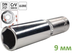Головка торцевая шестигранная глубокая 9 мм, 1/4", Yato, CrV