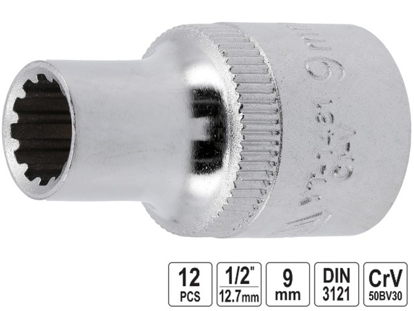Головка торцевая 12-гранная Spline YATO 1/2" 9 мм