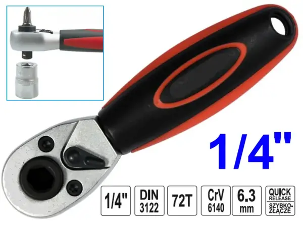Ключ трещотка для головок и бит 136мм CrV 1/4″