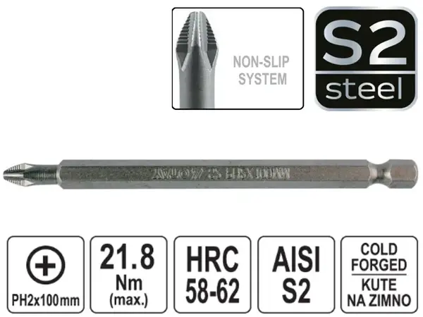 Бита PH2 100мм S2 с насечками Non-Slip (нескользящая)