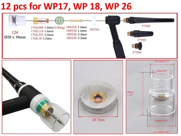 Набор прозрачных сопел с газовой линзой WP-17/18/26 (2.4 мм) 12 шт