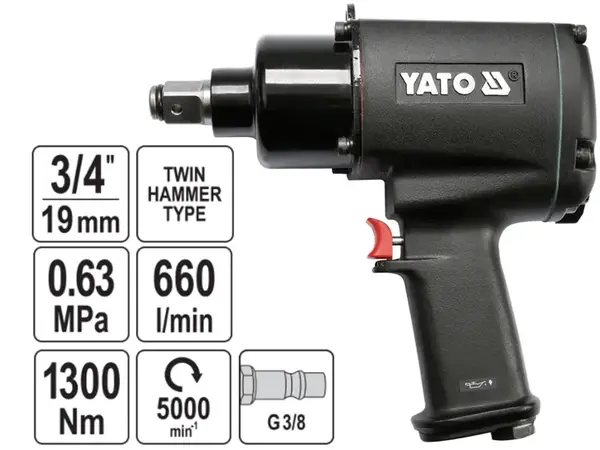Пневмогайковерт ударный Yato 3/4″ 1300Нм