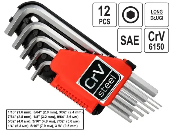 Набор дюймовых шестигранных ключей CrV 1/16-3/8" (12 шт)