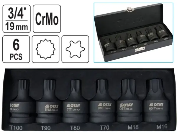 Набір ударних головок Torx/Spline 3/4" T70-T100/M16-M18 CrMo
