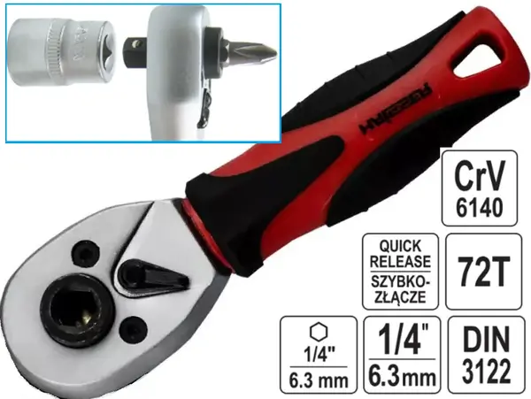 Ключ трещотка для бит и головок PRO CrV 1/4″