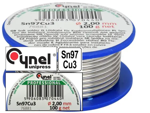 Безсвинцевий припій Cynel Sn97Cu3 2мм 100гр 100гр