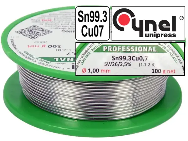 Бессвинцовый припой Cynel Sn99,3Cu0,7 с флюсом 1мм 100гр