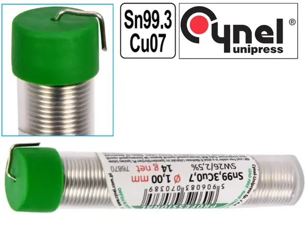Бессвинцовый припой Cynel Sn99,3Cu0,7 с флюсом 1мм 14гр