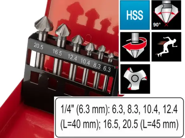 Набор зенкеров HSS по металлу 90° (6 шт, 6.3-20.5мм) в кейсе