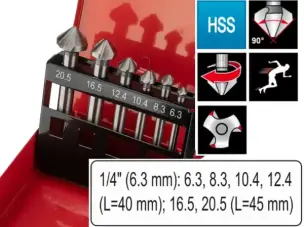 Набор зенкеров HSS по металлу 90° (6 шт, 6.3-20.5мм) в кейсе