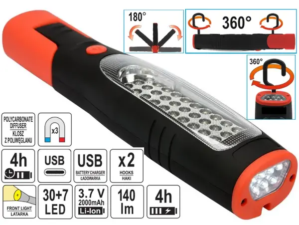 Аккумуляторный светодиодный фонарь 250мм 30+7LED