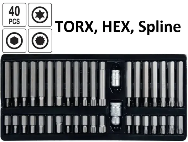 Набор бит TORX, HEX, Spline 1/2" и 3/8" HCS (40 шт)