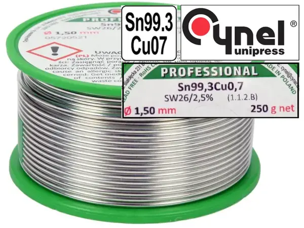 Безсвинцевий припій Cynel Sn99,3Cu0,7 з флюсом 1,5мм 250гр