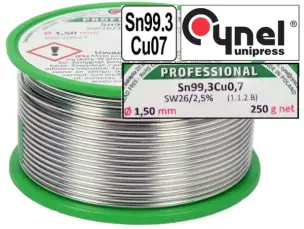 Безсвинцевий припій Cynel Sn99,3Cu0,7 з флюсом 1,5мм 250гр