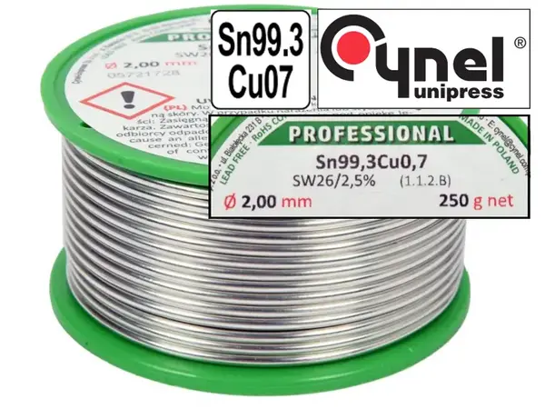 Безсвинцевий припій Cynel Sn99,3Cu0,7 з флюсом 2мм 250гр