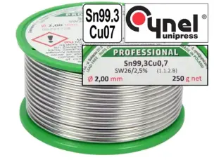Безсвинцевий припій Cynel Sn99,3Cu0,7 з флюсом 2мм 250гр