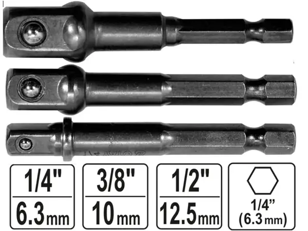 Переходники для головок на шуруповерт CrV набор 3 шт (1/4, 3/8, 1/2)