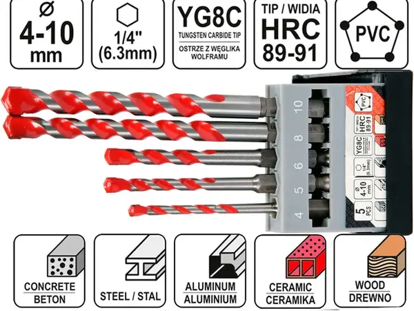 Набор сверл универсальных 4-10 мм 5 шт HEX 1/4" YG6X