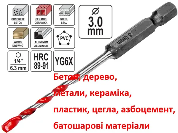 Бита сверло универсальное YG6X 3мм