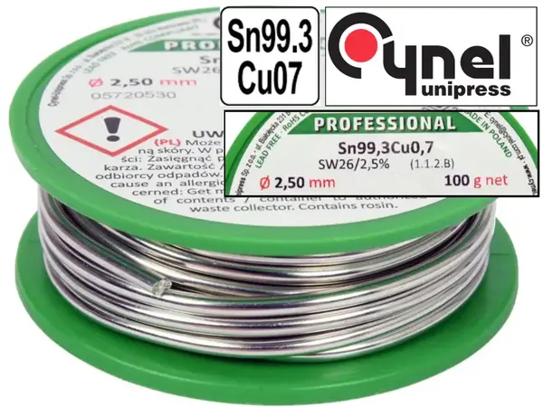 Безсвинцевий припій Cynel Sn99,3Cu0,7 з флюсом 2,5мм 100гр
