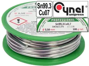 Безсвинцевий припій Cynel Sn99,3Cu0,7 з флюсом 2,5мм 100гр