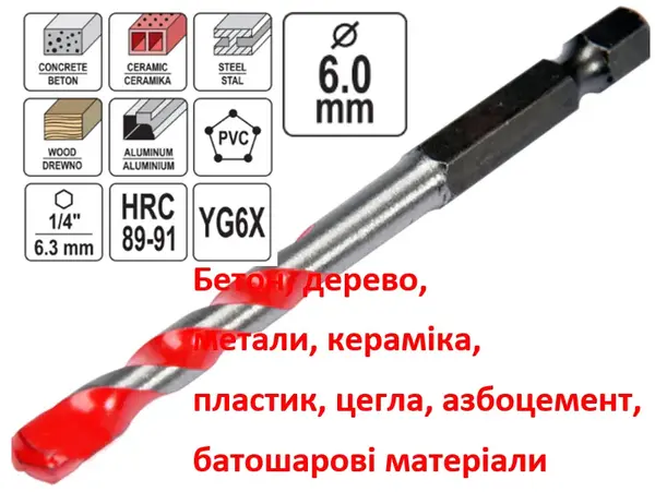 Бита сверло универсальное YG6X 6мм