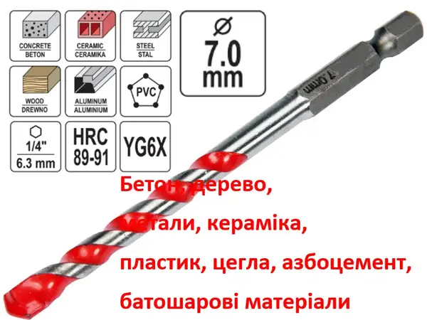 Бита сверло универсальное YG6X 7мм