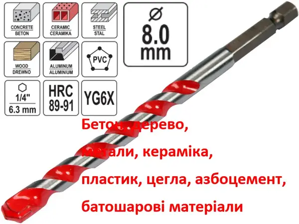 Бита сверло универсальное YG6X 8мм