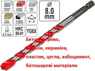 Бита сверло универсальное YG6X 8мм