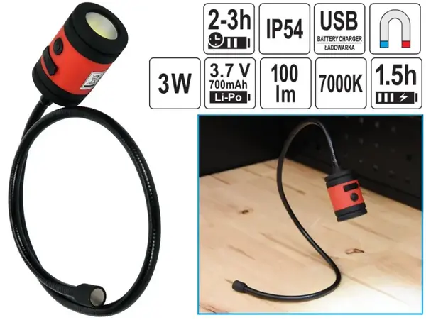 Акумуляторний ліхтар на гнучкій ніжці COB 1LED