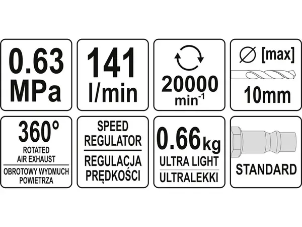 Пневмодрель прямая с самозажимным патроном Yato YT-09695
