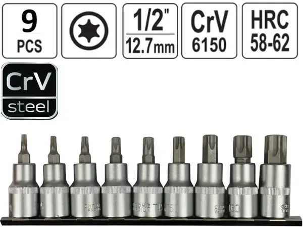Головки с битой Torx 1/2" CrV (T20-T70) 9 шт