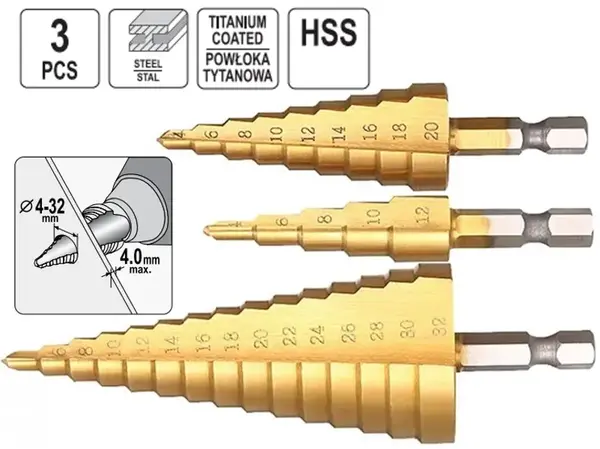 Ступінчасті свердла HSS TiN 4-32мм