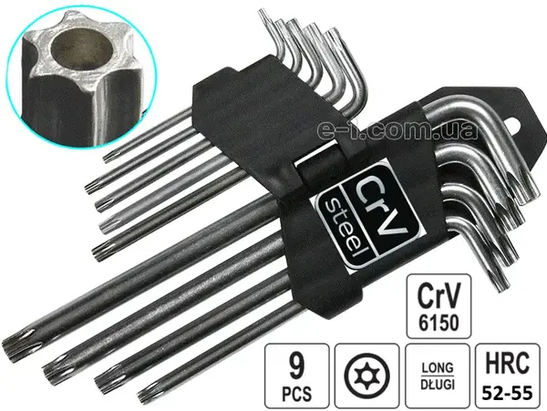 Набор Г-образных ключей Torx с отверстием CrV 9 шт (T10-T50)