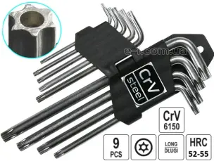 Набор Г-образных ключей Torx с отверстием CrV 9 шт (T10-T50)