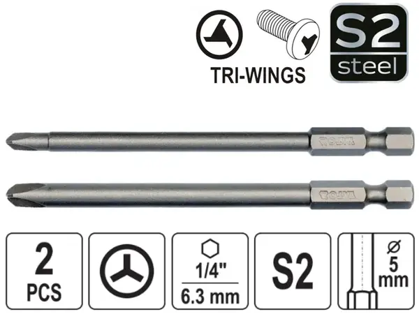 Длинные биты Tri-Wing (трехлучевые) №2, №4 100мм S2 (набор 2 шт)