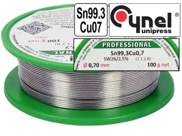Безсвинцевий припій Cynel Sn99,3Cu0,7 з флюсом 0,7мм 100гр