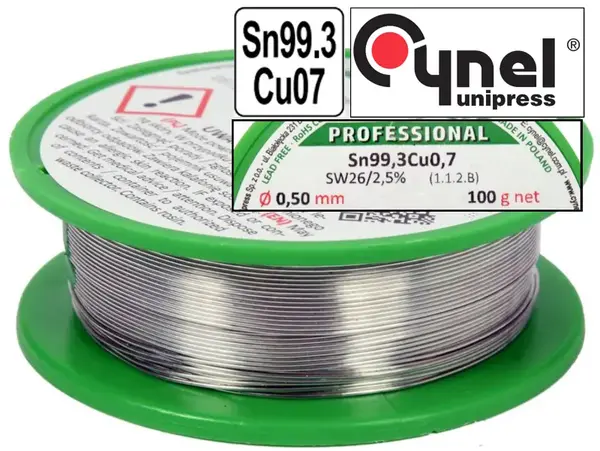 Безсвинцевий припій Cynel Sn99,3Cu0,7 з флюсом 0,5мм 100гр