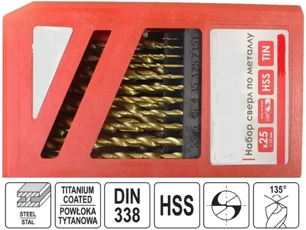 Набор сверл по металлу HSS-TiN 25шт