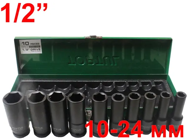 Ударные головки CrMo 1/2'' TopTul 10-24мм удлиненные